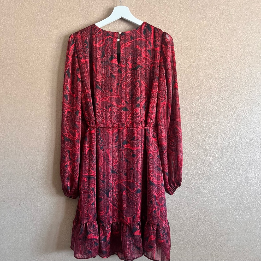 Tommy Hilfiger Paisley Chiffon Belted Long Sleeve Dress in Red Shimmer Size 14 - Picture 6 of 9